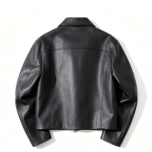 Men's Black PU Leather Moto <b>Jacket</b> Turn-down Collar Zipper Closure Slim Fit <b>Short</b> Length Autumn Wear Regular <b>Sleeve</b> - Product Image 2
