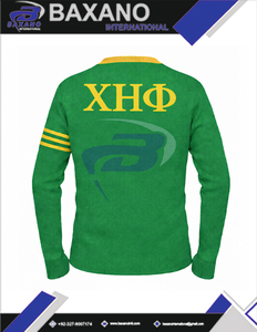 Suéter Cárdigan de la Hermandad Chi Eta Phi, Verde Tejido con Rayas Amarillas y Logotipo Bordado, Ropa de la Hermandad CEPhi Griega - Product Image 5