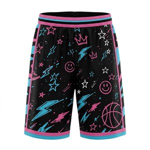 Shorts de basketball ODM pour hommes, noir et rose, imprimé par sublimation, motif géométrique, taille élastique, respirant, pour la gym et le sport - Product Image 2