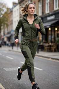 Conjunto Deportivo de 3 Piezas para Mujer, Chaqueta con Capucha y Cierre, Sujetador Deportivo, Leggings, Color Verde Oliva, Bloques de Color, Secado Rápido - Product Image 5