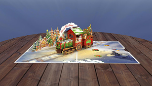 Tarjeta de felicitación navideña 3D emergente con tren de Papá Noel y escena de casa de jengibre, troquelada en papel con laminado brillante, tarjeta festiva - Product Image 3