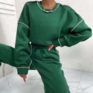 Conjunto Deportivo de Invierno para Mujer, Color Verde Oscuro, con Bordes sin Rematar, Transpirable, de Dos Piezas, Sudadera con Cuello Redondo y Costuras en Contraste, Pantalones Deportivos, Estilo Urbano - Product Image 6
