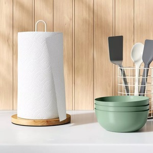 Support moderne pour porte-serviettes en métal blanc en forme de U avec base ronde en bois naturel - Product Image 2