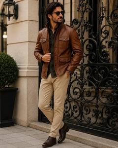 <b>Mens</b> <b>Brown</b> Genuine <b>Leather</b> <b>Jacket</b> Slim Fit Smart <b>Leather</b> Coat Fashion Outerwear - Product Image 3