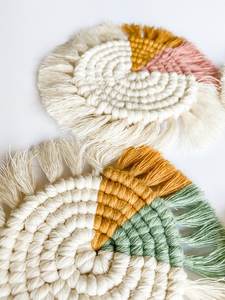 Handmade Modern <b>Round</b> Macrame Coasters Set Tassels Multicolor Polyester Cotton 10cm Diameter Fabric <b>Mats</b> for Table Decoration - Product Image 2