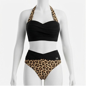Ensemble bikini 2 pièces imprimé léopard pour femme, haut dos nu et bas taille haute côtelé extensible - Product Image 1
