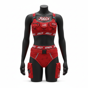 Ensemble de bikini pour femmes, 220 GSM, polyester et élasthanne, design à panneaux tactiques rouges, logo personnalisé par transfert thermique, bikinis pour femmes - Product Image 1