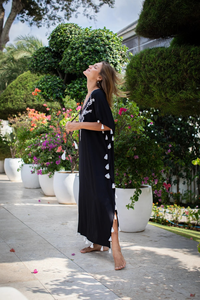 Black V-neck Spaghetti Strap Floor-Length 100% Cotton Knitted Eco-Friendly Floral Print Natural Waist Bohemian Kaftan Beachwear - Product Image 4