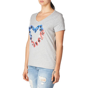 Camiseta de manga corta con cuello en V para mujer, con estampado floral de corazones, estilo casual, jersey, para primavera/verano, en oferta. - Product Image 1