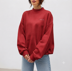 เสื้อสเวตเชิ้ตคอเต่าทรงโอเวอร์ไซส์สำหรับผู้หญิง สีแดงล้วน ผ้าฝ้าย แขนยาว ปักลายด้านหน้า ทรงหลวม สไตล์ฤดูใบไม้ร่วง - Product Image 1