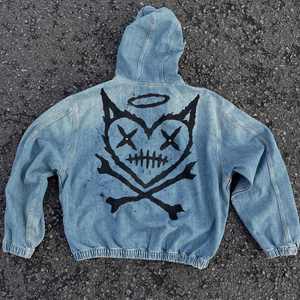 Streetwear Custom Washed Denim Zipper up Hoodies for Men Custom Print logo Men's Denim Hoodie - Product Image 4