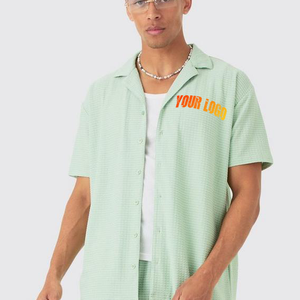 Ensemble chemise et short d'été pour homme, vert menthe uni, 100% coton tricoté respirant, tenue décontractée 280g, logo frontal, col rond - Product Image 3