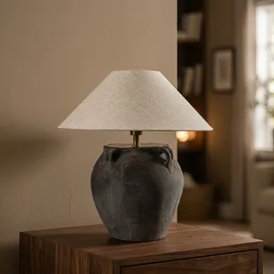 Lampe de table artisanale en céramique moderne du Tibet, base en pot noir, abat-jour en lin naturel, décoration pour chambre à coucher, salon, maison, Diwali - Product Image 5