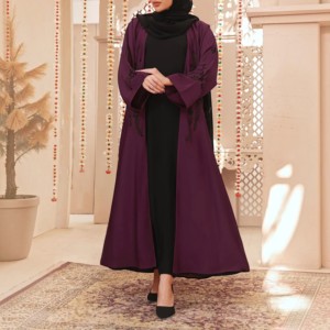 Women's Purple <b>Long</b> Sleeve Floor Length Breathable Loose Fit Abaya High Neck Modest <b>Dress</b> Solid Color Polyester Middle East - Product Image 5