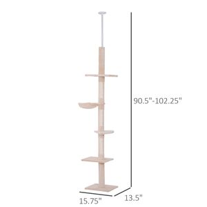 Albero per Gatti Verticale Beige da 2,6 m, Altezza Regolabile da Pavimento a Soffitto, 5 Piattaforme Tappetinate, 3 Aree di Tiraggio in Corda di Sisal, per Arrampicata Gatti - Product Image 3