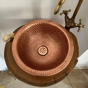Vasque de salle de bain ronde en cuivre brossé martelé, faite à la main, durable, de luxe, pour comptoir de salle de bain ou de cuisine, décoration moderne - Product Image 2