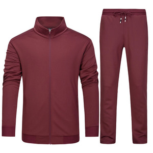 Ensemble de survêtement bordeaux pour homme, manches longues, fermeture éclair, col montant, couleur unie, respirant, en tissu polyester, en vente - Product Image 1