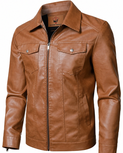 Veste en cuir marron vintage pour homme avec fermeture éclair sur le devant, col chemise, poches à rabat boutonnées et coupe décontractée classique - Product Image 3