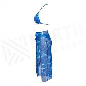 Ensemble de yoga 2 pièces imprimé papillon bleu avec finition dorée, body à col en V profond et jupe portefeuille longueur genou - Product Image 3