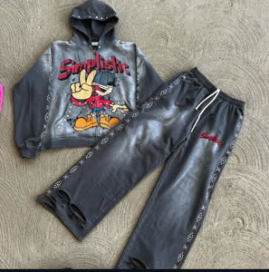 Ensemble de survêtement streetwear pour homme, effet vieilli, délavé à l'acide et effet soleil, 100% coton, comprenant un sweat à capuche zippé et un pantalon de survêtement, orné de strass, coupe ample, hiver - Product Image 4