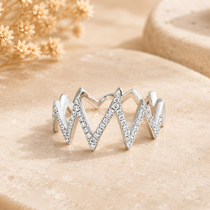 Women Heartbeat Zigzag Band Round Brilliant Cut 925 Silver <b>Fine</b> <b>Ring</b> - Product Image 3