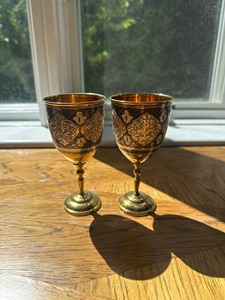 Most Running Round Metal Wine <b>Glass</b> For Party 2 Pieces Customizable Handmade Brass <b>Goblet</b> With Embossed Vintage Design - Product Image 3
