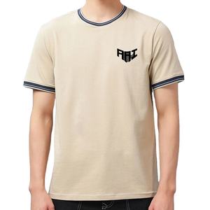 T-shirt en coton épais beige pour homme, col côtelé contrastant, streetwear, manches courtes, haut décontracté basique, logo personnalisé OEM, marque privée - Product Image 1