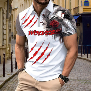 Polo Personalizado con Gráfico de Lobo en 3D para Hombre, Impresión por Sublimación Completa, Cierre de Cremallera 1/4, Blanco con Marca de Garra Roja, Ropa Urbana Hipster de Verano - Product Image 4