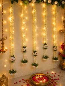 Guirlande murale de fleurs artificielles traditionnelles faites à la main, jasmin blanc, mogra, rose rouge, fausses perles, décoration intérieure, mariage - Product Image 2