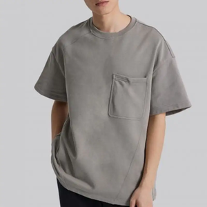 T-shirt Homme Gris 100% Coton Manches Courtes Col Rond Coupe Oversize Couleur Unie Décontracté Maille Jersey Teint Uni avec Poche - Product Image 2