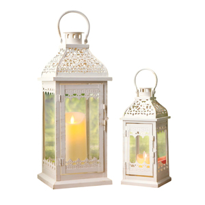 <b>Set</b> Of 2 Decorative <b>Lanterns</b> Vintage Style Hanging Candlestick Metal Candleholder White With Gold Brush Finish For Home Garden - Product Image 2