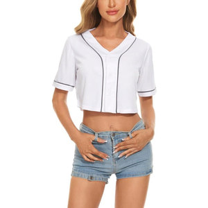 T-shirt de baseball boutonné pour femme, col en V, crop top, manches courtes, chemisier de softball boutonné, décontracté, athlétique, été - Product Image 5