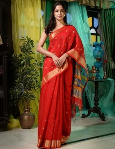 KV <b>Red</b> Cotton Handspun Handwoven Soft <b>Saree</b> With Nakshi Pallu With Unstitched Blouse - Product Image 1