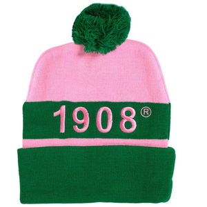 Gorro de Punto Personalizado Rosa y Verde con Letras AKA Bordadas y Diseño de Escudo, Gorro de Invierno con Pompón, Modelo 1908, Casual para Exteriores - Product Image 1