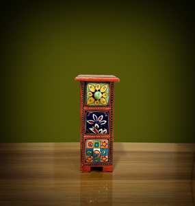 Mini armoire à tiroirs en bois artisanale avec tiroirs en céramique |   Organisateur de rangement peint pour la décoration intérieure - Product Image 3