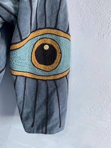 Veste Bohème Grise en Velours Brodé Motif Œil Turc, Faite à la Main, Manches Longues, Col Montant, Style Bohème, pour l'Automne - Product Image 4