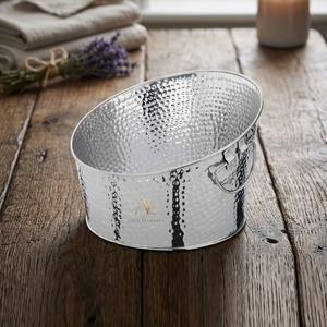 Luxury Hammered Stainless Steel Round Ice Bucket With Folding Side Handles Premium Party <b>Champagne</b> Beverage Tub For Wedding - Product Image 1