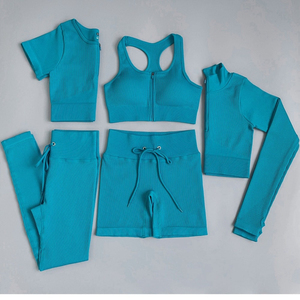 5 Piece Ribbed Yoga Set High Waist <b>Leggings</b> Shorts Zip Sports Bra Quick-Dry Sports Bra Yoga Tank Top Hip-Lifting Fitness Pants - Product Image 1
