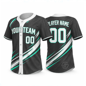 Maillot de baseball personnalisé sublimé 100% polyester noir bleu blanc rayé à manches courtes avec boutons sur le devant, vêtements de sport respirants - Product Image 2