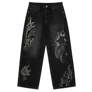 Women's <b>Embroidered</b> Breathable Wide Leg <b>Jeans</b> Mid Waist Loose Fit 100% Cotton Denim Vintage Simple Casual XL OEM ODM - Product Image 1