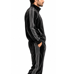 Mens <b>Velvet</b> Tracksuit Zip Up Collar Jacket Contrast Piping <b>Joggers</b> Pants Elastic Cuffs Soft Lounge Wear Wholesale Custom Factory - Product Image 6
