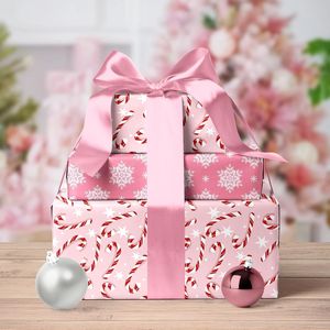 Rotolo di Carta da Regalo Reversibile Natalizia con Design Fiocchi di Neve Rosa e Bastoncini di Zucchero, 17 Pollici, Carta per Confezioni Festive per Celebrazioni - Product Image 2