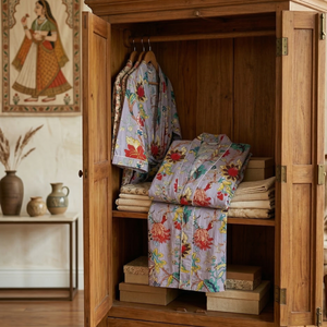 Bata Kimono de Algodón Gris con Estampado Floral, Larga, Ligera, Hecha a Mano, para Descanso, Baño y Spa de Verano - Product Image 6