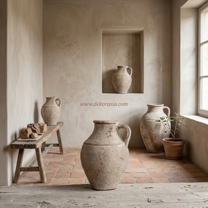 Vase Pichet Rustique en Terre Cuite Saloe avec Poignée, Artisanat en Céramique Décorative pour Table, Couleur Crème Vieilli - Product Image 4