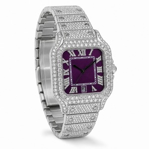 Reloj cuadrado unisex de lujo de acero inoxidable con esfera morada, incrustaciones de diamantes, movimiento de cuarzo analógico con fecha, cierre plegable de 41 mm - Product Image 4
