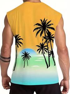 Men's Sleeveless Tank Top Yellow Tropical Palm <b>Tree</b> Print O-Neck Casual Breathable Knitted Polyester Summer Wear gym singlet - Product Image 2