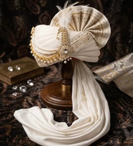 Pañuelo de Seda Blanco para Novio con Adornos de Perlas, Turbante de Boda Pre-Atado al por Mayor para Funciones Tradicionales - Product Image 5