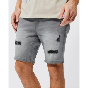 Shorts en jean gris déchiré pour homme, taille mi-haute, style décontracté d'été, tissu tissé - Product Image 1