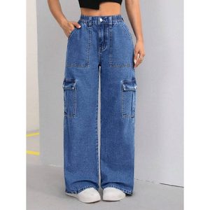 Jeans <span class=keywords><strong>Cargo</strong></span> da <span class=keywords><strong>Donna</strong></span> Multitasche <span class=keywords><strong>Blu</strong></span> Pietra 100% Cotone Lavaggio Chiaro Non Tessuto Ecologico Traspirante Carino Vita Alta Vintage Lunghezza Intera - Product Image 6