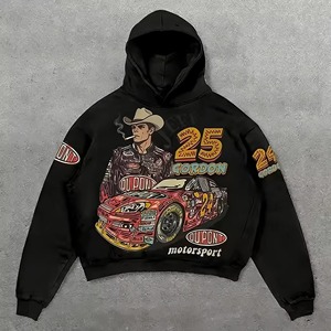Custom Hoodie OEM Men’s Heavyweight 100% Cotton French Terry Hoodie Oversized Vintage Streetwear Acid Wash Distressed <b>Applique</b> - Product Image 3
